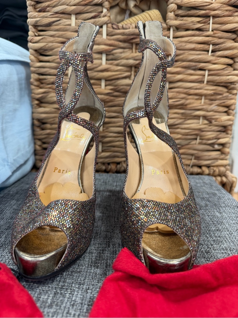 Christian Louboutin Multicolor Sequin Glitter PeepToe T-Strap Heels Rosie Regina